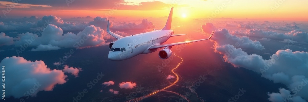 Airplane flight path over terrain, curving route , transportation, destination Airplane flight path over terrain, curving route , transportation, destination