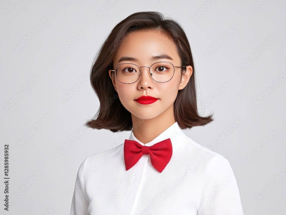 Stylish young woman in white shirt red bow tie and glasses looking confidently at camera symbolizing intelligence modern elegance and professional presence