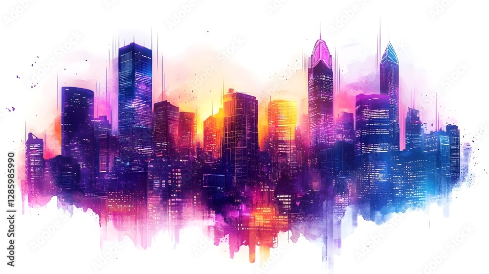 Obraz premium Colorful Cityscape with Glowing Skyscrapers at Sunset or Sunrise