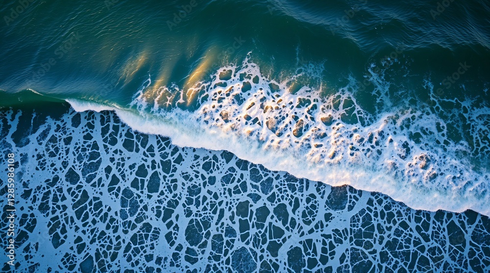 Fototapeta premium Aerial View of Ocean Waves Crashing on the Shore at Sunset