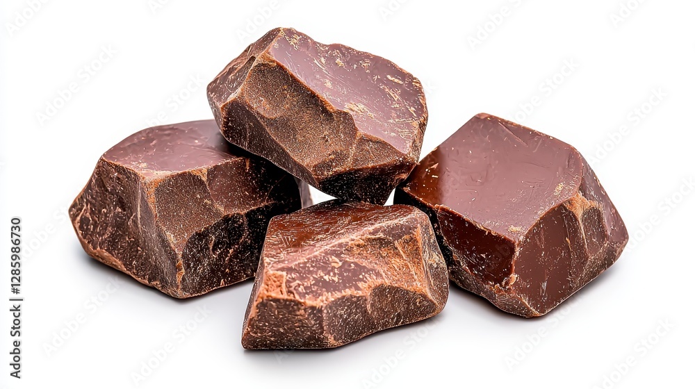 A delicious pile of rich chocolate pieces in a tempting arrangement on a bright white background A delicious pile of rich chocolate pieces in a tempting arrangement on a bright white background