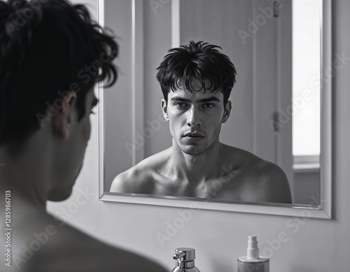 portrait of a young man looking in mirror