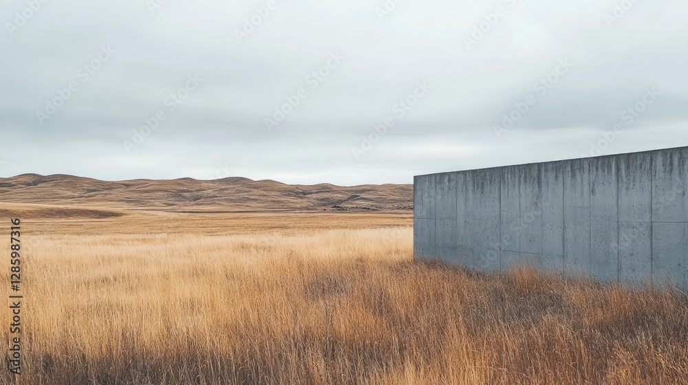 Concrete Wall Stands Within A Dry And Grassy Meadow Landscape Concrete Wall Stands Within A Dry And Grassy Meadow Landscape