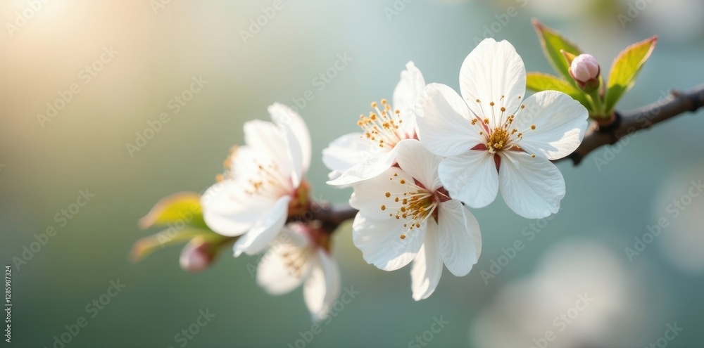 Close-up of pristine white cherry blossoms, soft light , soft focus, white bloom Close-up of pristine white cherry blossoms, soft light , soft focus, white bloom