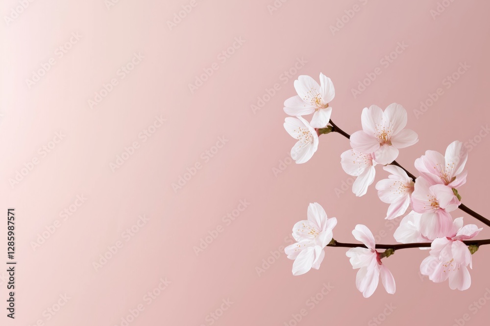 Fototapeta premium A pink flower with a white stem is the main focus of the image. The flower is surrounded by a soft pink background, which creates a serene and calming atmosphere. Concept of tranquility and beauty