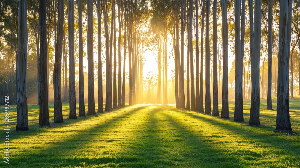 Fototapeta premium Serene Sunrise Golden Light Through Majestic Tree Avenue in Lush Green Meadow