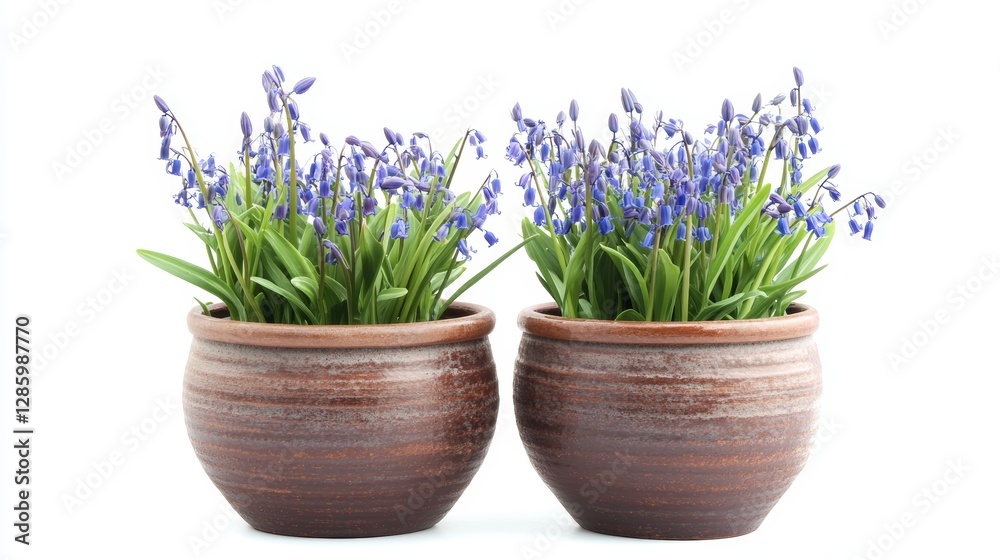 Charming Bluebell Plants in Rustic Brown Planters on White Background Charming Bluebell Plants in Rustic Brown Planters on White Background