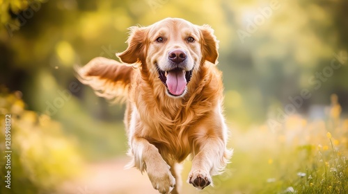 Golden retriever joyfully running through a sunny field on a beautiful day.