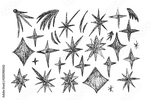 Crayon drawn sparkle stars set. Space shine shapes and blings doodle pack. Comets , twinkle and blinking. Vector pencil or charcoal handdrawn black scribble illustration isolated on white background.