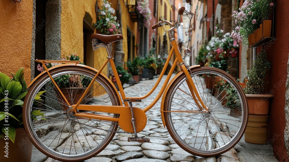 Fototapeta premium Vintage bike parked on cobblestone alleyway, colorful buildings, flowers in pots