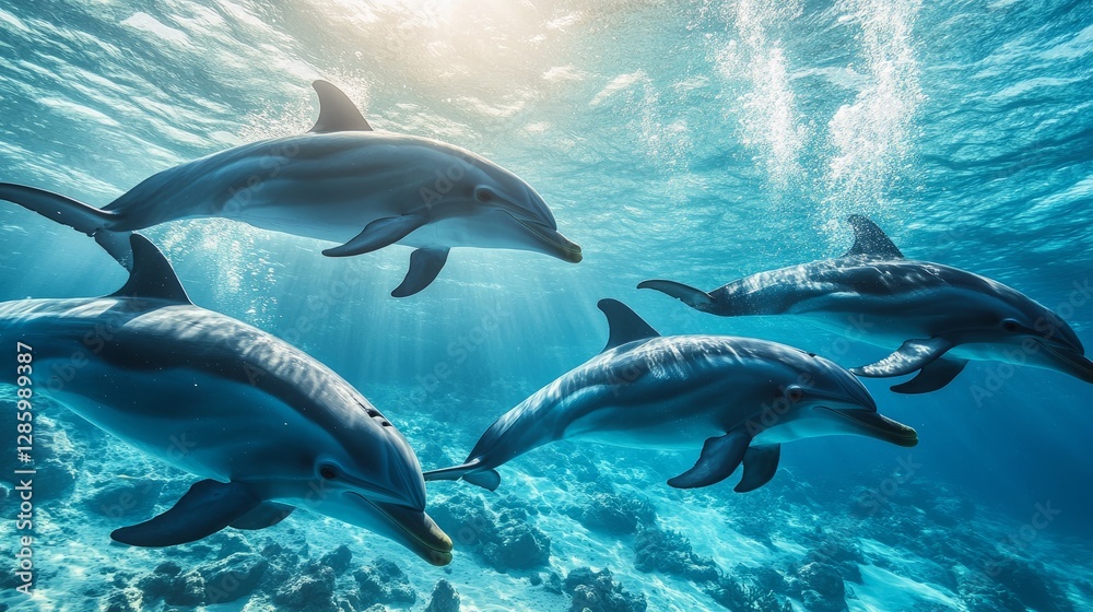 Fototapeta premium Dolphins interacting with researchers through underwater cameras research