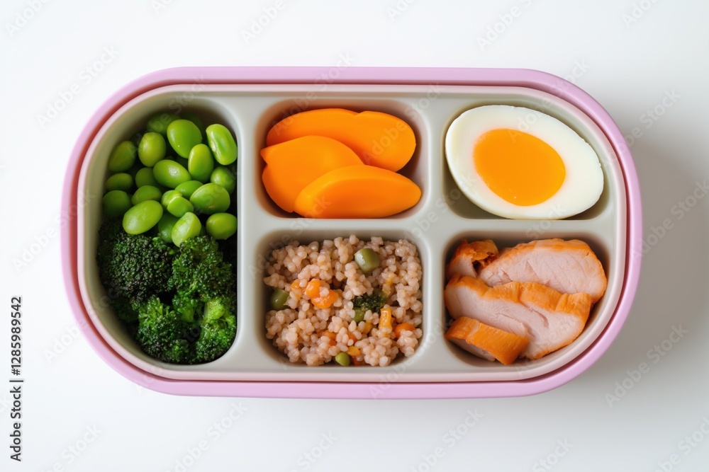 A pink container with four compartments filled with food. The food includes broccoli, carrots, and other vegetables A pink container with four compartments filled with food. The food includes broccoli, carrots, and other vegetables