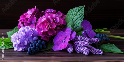 A beautiful arrangement of purple flowers and green leaves is displayed on a wooden table. The flowers are a mix of purple and pink hues, and the leaves are a vibrant shade of green photo