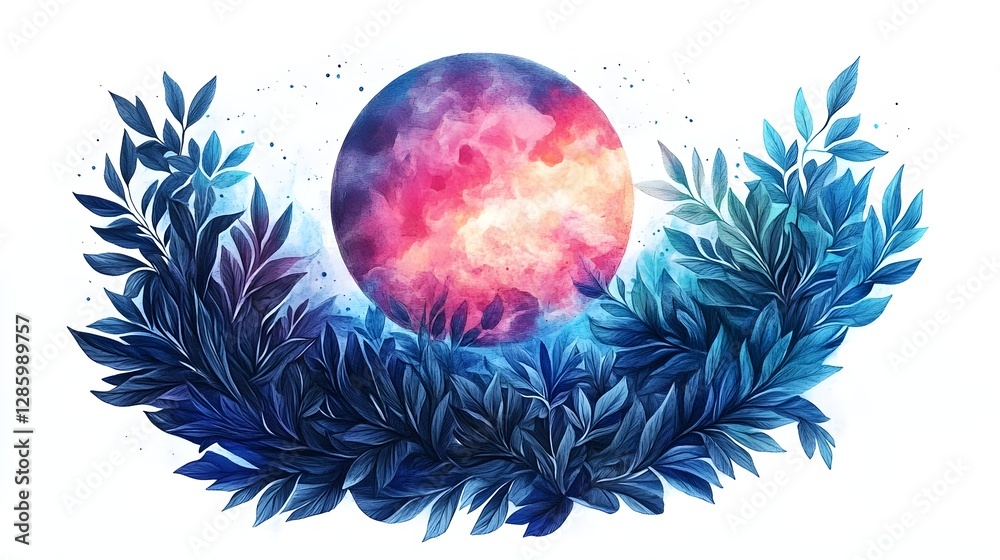 Obraz premium Cosmic Nature Glowing Ethereal Landscape with Mystical Floral Foliage and Celestial Moon
