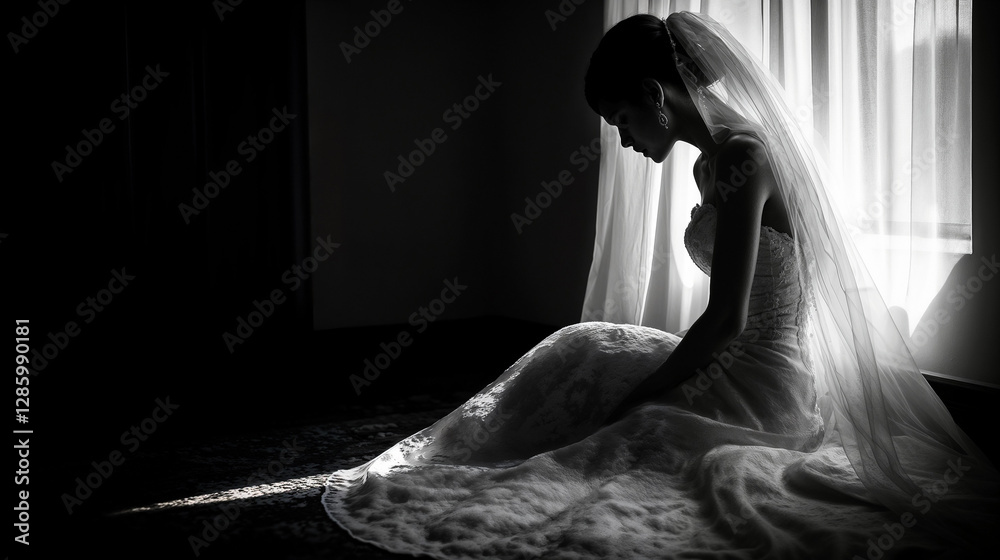 Black and white portrait of a bride sitting alone in soft light Black and white portrait of a bride sitting alone in soft light