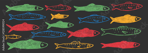 Fishes line doodle set. Sardines hand drawn scribble School of fish in the sea. Vector colorful nautical illustration by pencil isolated. Crayon or chalk naive underwater life.