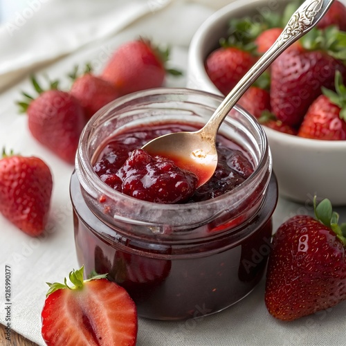 Strawberry jam jar with spoon