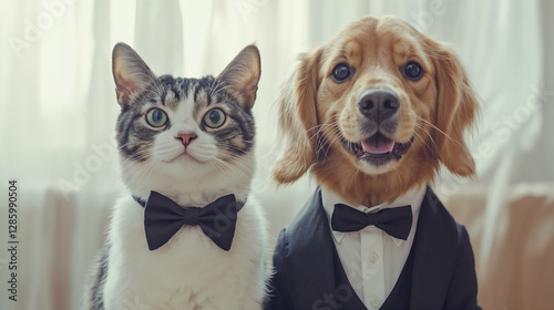Cat and dog dressed in elegant tuxedos posing together