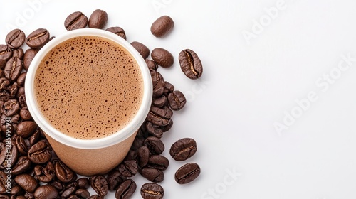 A luxurious coffee cup surrounded by freshly roasted coffee beans on a rustic table showcasing gourmet beverage culture