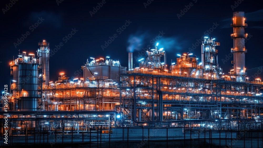 Night view of a brightly illuminated oil and gas refinery, showcasing industrial brilliance against a dark sky. Night view of a brightly illuminated oil and gas refinery, showcasing industrial brilliance against a dark sky.