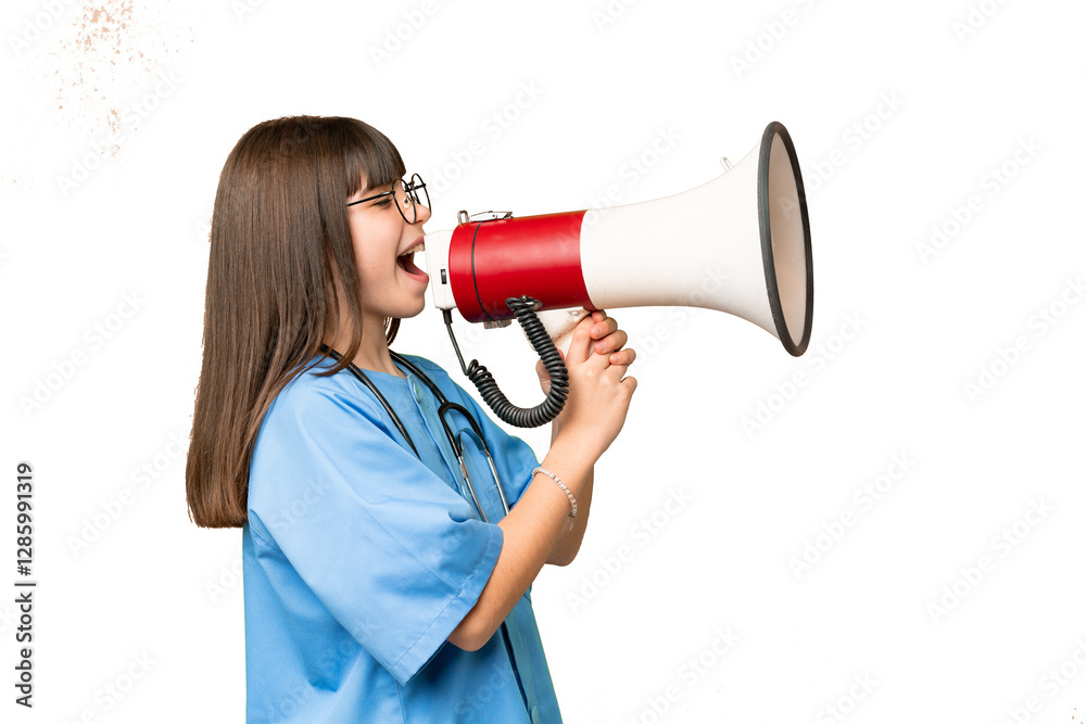 Little girl as a surgeon doctor over isolated chroma key background shouting through a megaphone Little girl as a surgeon doctor over isolated chroma key background shouting through a megaphone