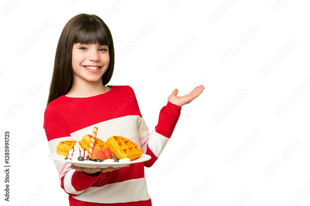 Little girl holding waffles over isolated chroma key background extending hands to the side for inviting to come Little girl holding waffles over isolated chroma key background extending hands to the side for inviting to come