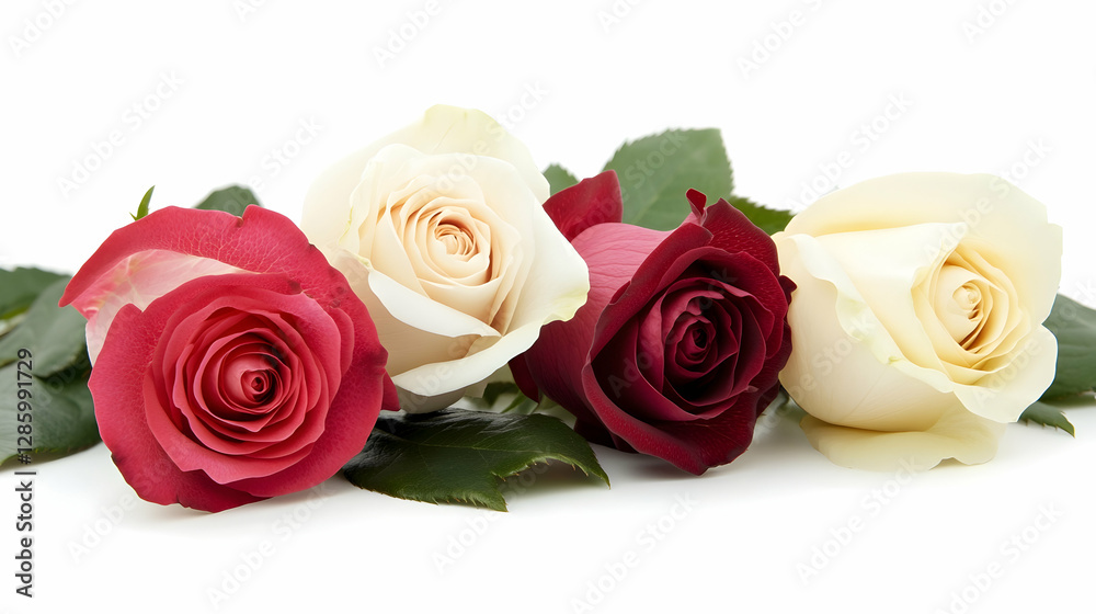Collection of roses in red, pink, and cream with green leaves. Isolated on White Background, - Collection of roses in red, pink, and cream with green leaves. Isolated on White Background, -