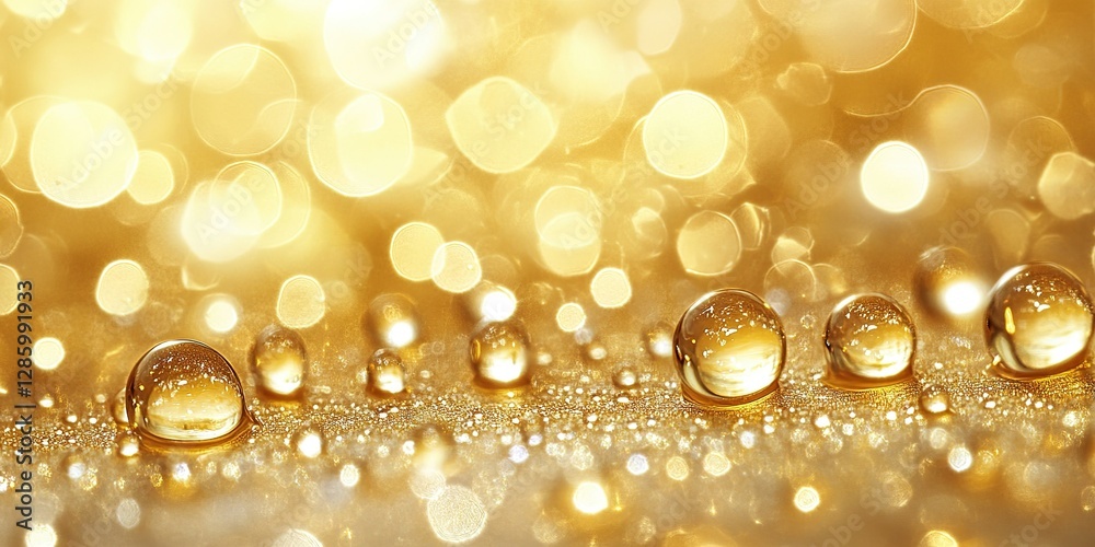 Shimmering droplets reflecting golden light on a smooth surface create an enchanting visual experience Shimmering droplets reflecting golden light on a smooth surface create an enchanting visual experience