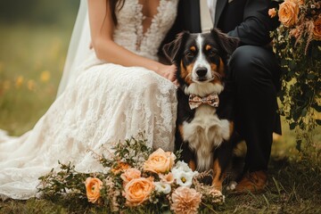 Wedding bliss capturing love and companionship with a dog in a romantic outdoor venue