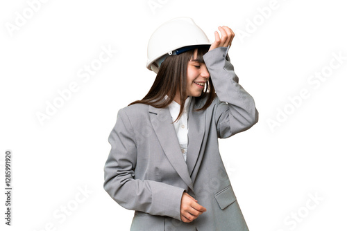 Little girl playing as a architect with helmet and holding blueprints over isolated background has realized something and intending the solution