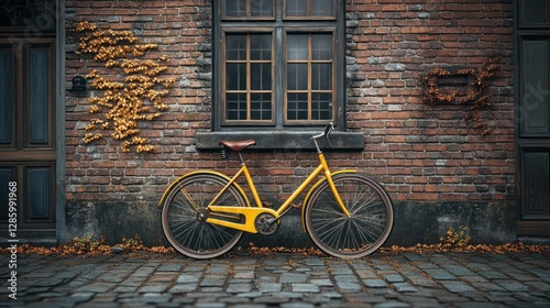 Vintage yellow bike against brick wall autumn leaves