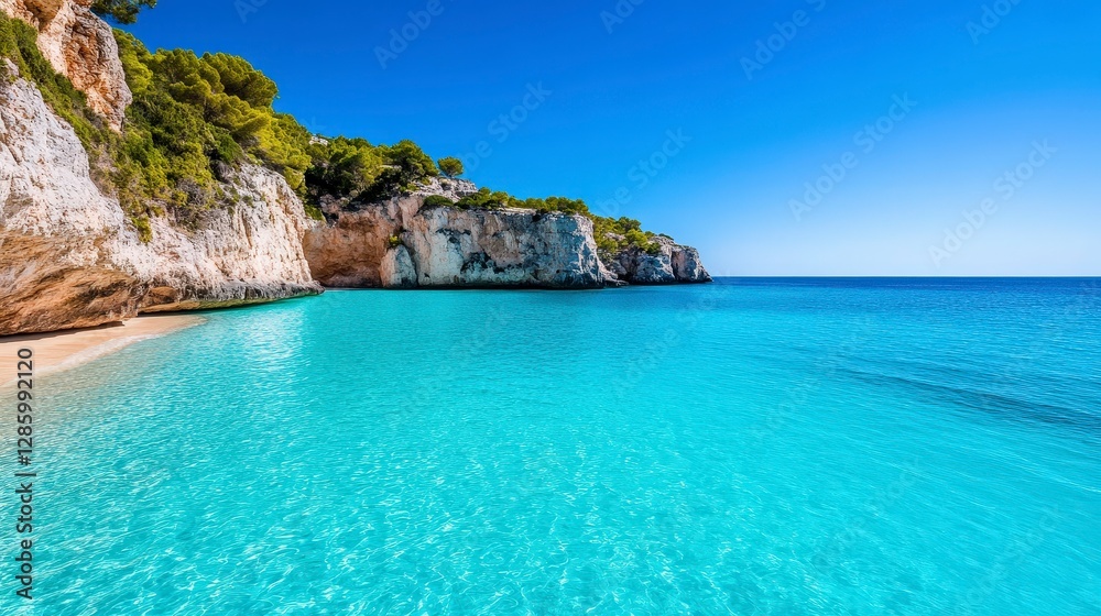 Idyllic Beach Scene with Turquoise Waters and Cliffs under Clear Blue Sky Idyllic Beach Scene with Turquoise Waters and Cliffs under Clear Blue Sky