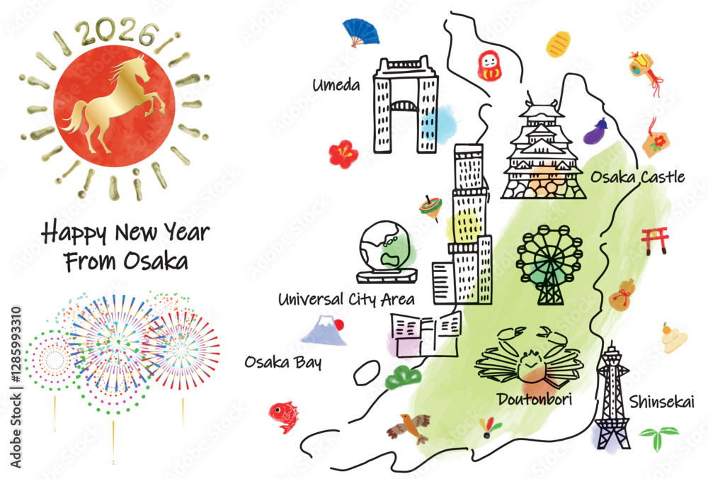 Naklejka premium 大阪の観光地のイラストマップ年賀状2026年