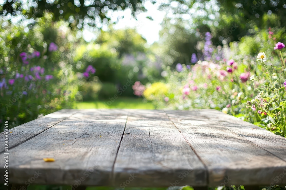 rustic wooden farmhouse table in dappled sunlight bokeh garden background with soft focus flowers and greenery warm summer afternoon rustic wooden farmhouse table in dappled sunlight bokeh garden background with soft focus flowers and greenery warm summer afternoon