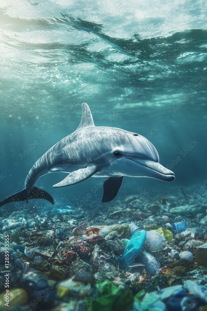 Fototapeta premium Clean ocean environment with young dolphin swimming naturally