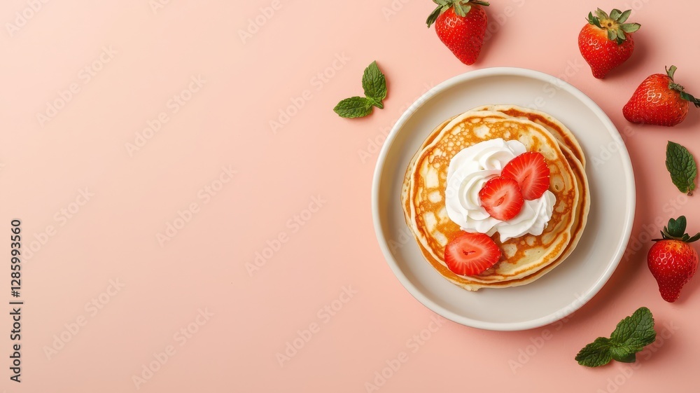 Delicious Pancakes with Whipped Cream and Strawberries on Pink Background Delicious Pancakes with Whipped Cream and Strawberries on Pink Background