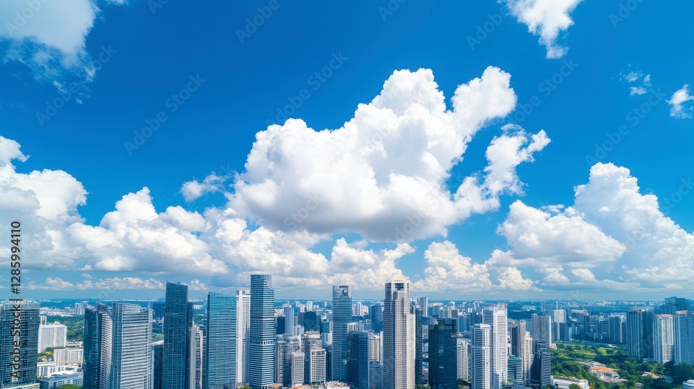Bright Blue Sky Over a Modern Cityscape with Skyscrapers and Fluffy Clouds Bright Blue Sky Over a Modern Cityscape with Skyscrapers and Fluffy Clouds