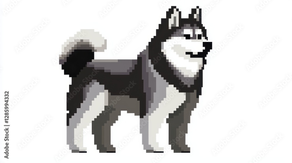 Naklejka premium Retro 8-Bit Pixel Art Dog Alaskan Malamute in Low-Resolution 