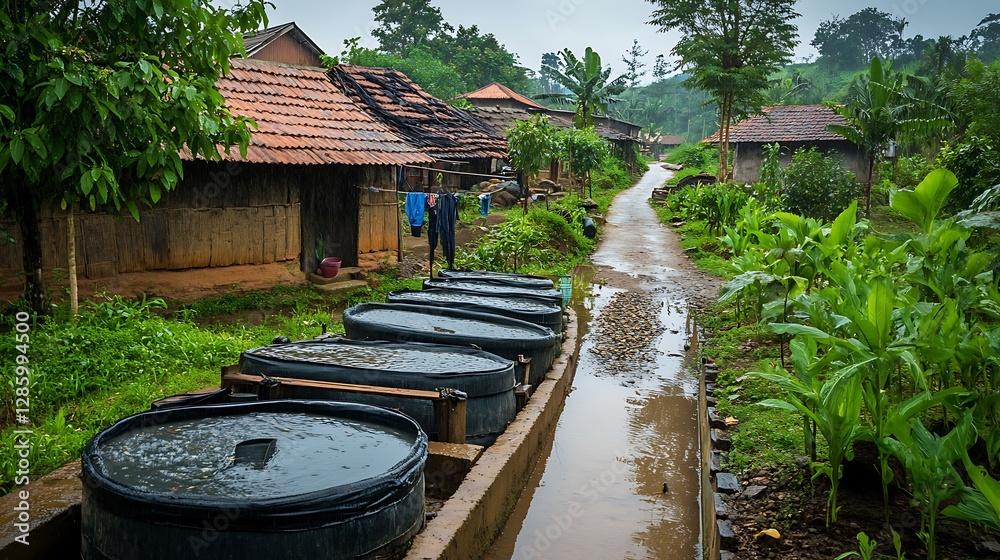 Rural Village Scene with Water Tanks and Mud Road in Asia Rural Village Scene with Water Tanks and Mud Road in Asia