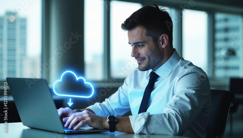 Businessman is downloading data from cloud computing storage service using laptop in office