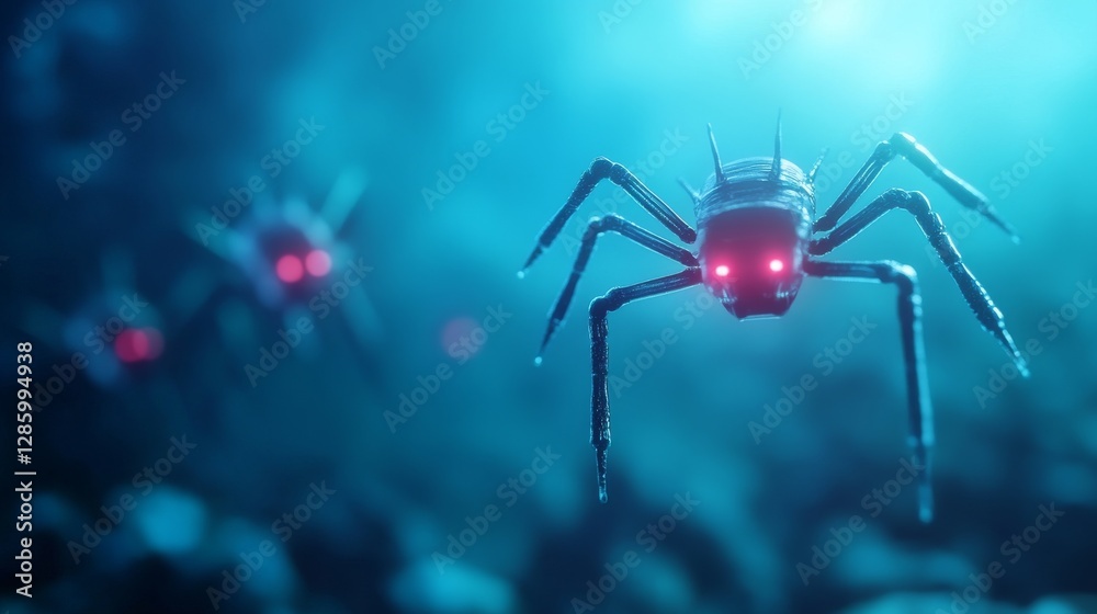 Fototapeta premium Futuristic spider robot, night vision, deep forest