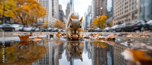 Squirrel holding nut, city autumn reflection