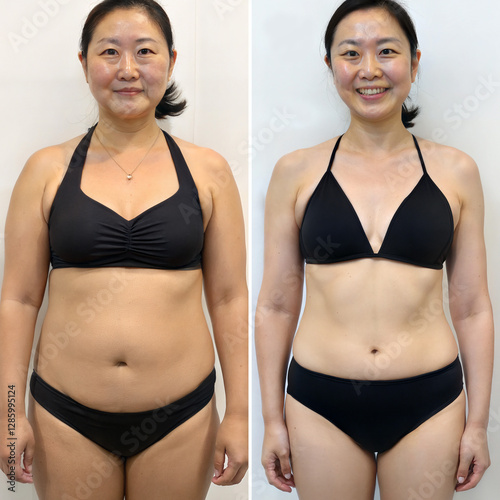 Weight Loss Injections Before and After Photos of an Asian Woman Wearing Black Bathing Suit, Closeup Shot Front view, GLP-1 Medication