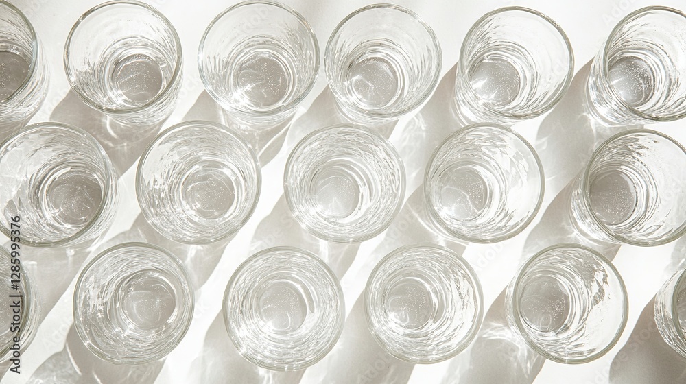 Neatly arranged empty glasses on a table, symbolizing simplicity and order in dining. Neatly arranged empty glasses on a table, symbolizing simplicity and order in dining.