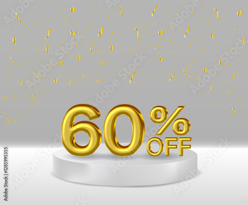 3D renders golden text 60% off podium with white background.