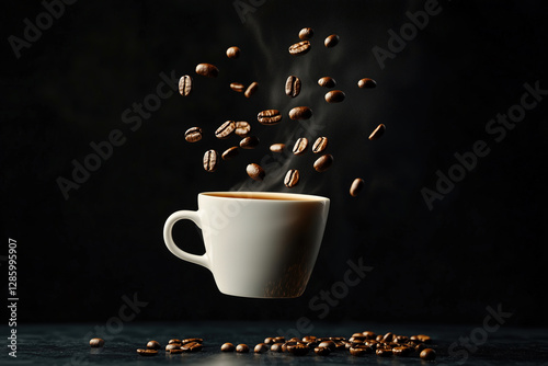 A coffee cup suspended in mid-air, with coffee beans elegantly falling around it, captured in motion against a deep matte background
