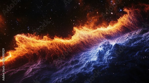 A cosmic tsunami of radiant stardust sweeps across deep space, forming breathtaking nebula waves