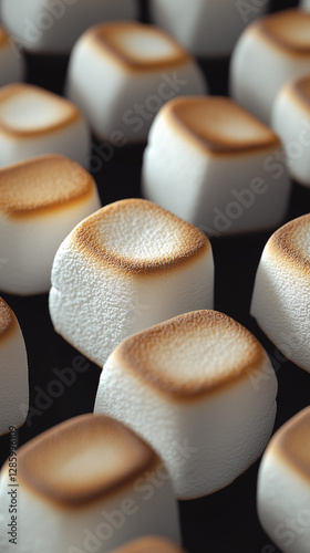 Marshmallow Delight: A close-up shot showcasing a grid of perfectly toasted marshmallows with soft, inviting textures and a hint of caramelization on a dark backdrop, creating a delectable. photo