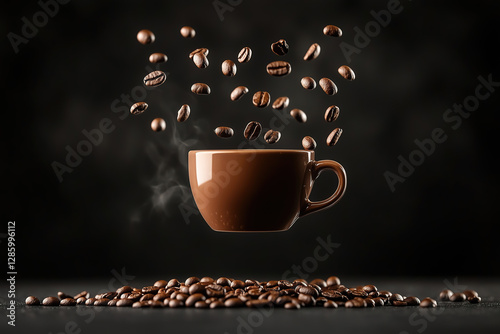 A coffee cup suspended in mid-air, with coffee beans elegantly falling around it, captured in motion against a deep matte background