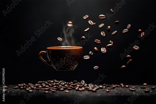 A coffee cup suspended in mid-air, with coffee beans elegantly falling around it, captured in motion against a deep matte background